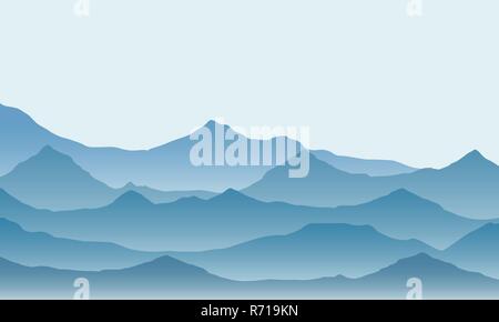 Illustrazione realistica del paesaggio di montagna con la nebbia sotto il cielo verde - vettore Illustrazione Vettoriale