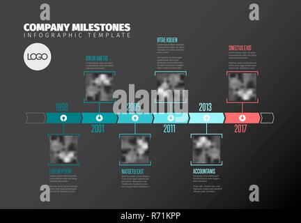 Infografico vettore AZIENDA Pietre miliari Timeline modello con foto piazza segnaposto su di un tempo di teal linea, versione oscura Illustrazione Vettoriale