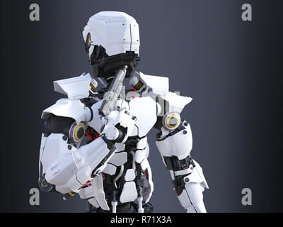 3D rendering di un avveniristico robot cop tenendo la pistola al suo mento. Foto Stock