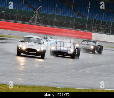 Nigel Greensall, Julian Thomas, Jaguar E-Type, 6303 VB, protezioni trofeo, Silverstone Classic 2015, Chris McEvoy, il circuito da corsa, cjm-fotografia, classi Foto Stock