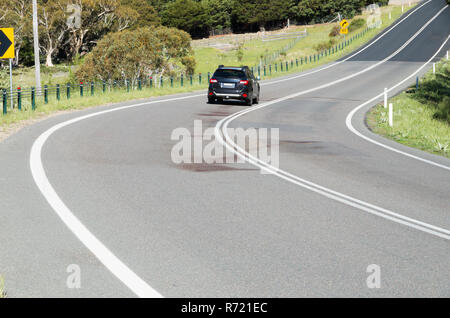 Grandi macchie di sangue su un angolo di strada rurale dopo la fauna selvatica è stato colpito e ucciso durante la notte in Australia Foto Stock
