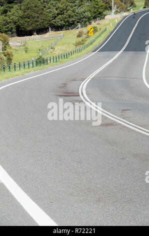 Grandi macchie di sangue su un angolo di strada rurale dopo la fauna selvatica è stato colpito e ucciso durante la notte in Australia Foto Stock