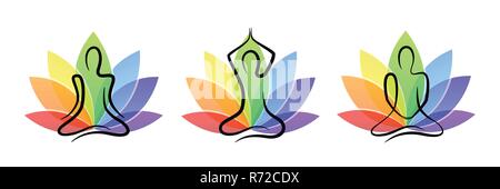 La meditazione yoga insieme con colorati fiore di loto illustrazione vettoriale EPS10 Illustrazione Vettoriale