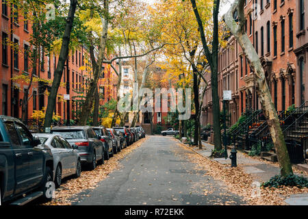 Case di arenaria e autunno a colori in Brooklyn Heights, New York City Foto Stock