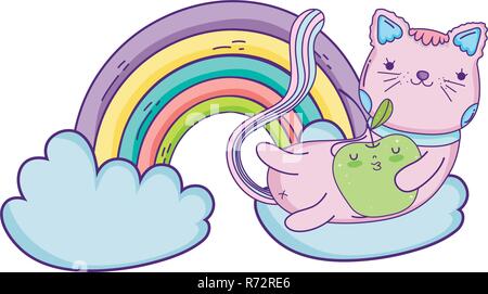 Cute cat con apple fresco e rainbow Illustrazione Vettoriale