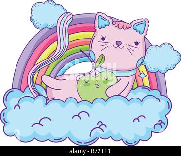 Cute cat con apple fresco e rainbow Illustrazione Vettoriale