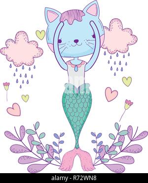 Purrmaid con le nuvole e la decorazione floreale Illustrazione Vettoriale