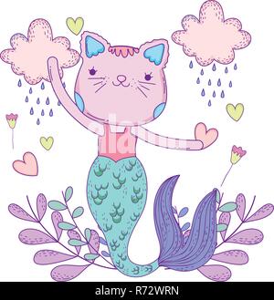 Purrmaid con le nuvole e la decorazione floreale Illustrazione Vettoriale