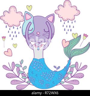 Purrmaid con le nuvole e la decorazione floreale Illustrazione Vettoriale