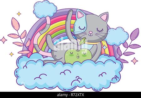 Cute cat con apple fresco e rainbow Illustrazione Vettoriale