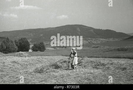 1930s, storico, femmina i lavoratori agricoli l'eliminazione di un campo di fieno nel Sudentenland, Cecoslovacchia. Foto Stock