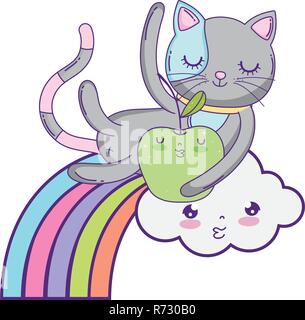 Cute cat con apple fresco e rainbow Illustrazione Vettoriale