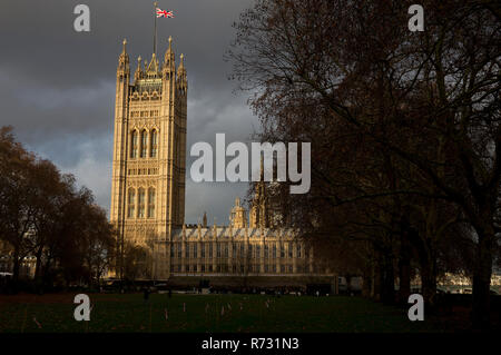 Vista della Casa del Parlamento dalla torre di Victoria Gardens contro luce drammatica Foto Stock