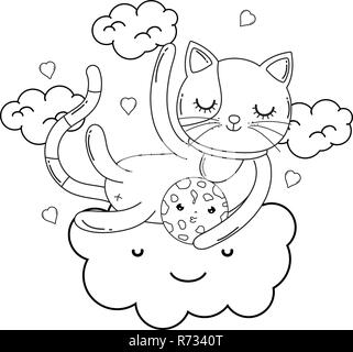 Cute cat con cookie nel cloud Illustrazione Vettoriale