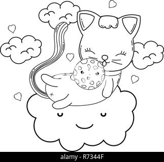 Cute cat con cookie nel cloud Illustrazione Vettoriale