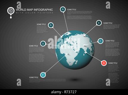 Mappa mondo mondo con puntatore segna - versione oscura teal e modello di rosso Illustrazione Vettoriale