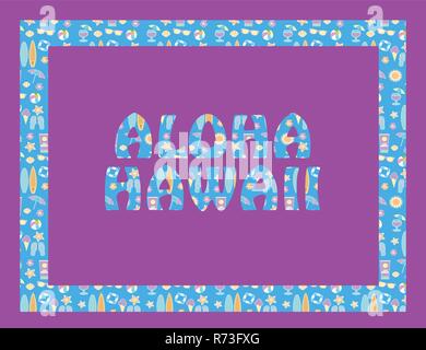Aloha Hawaii scritte sul magenta backround. Vettore lettere tropicale con spiaggia colorata icone sul light blue backround Illustrazione Vettoriale