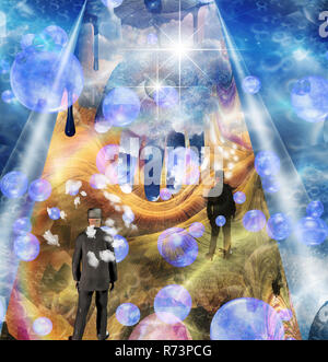 Gli uomini in tuta si erge nel campo magico. All Seeing Eye sulla mano di Dio Foto Stock