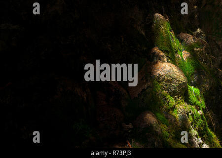 Misteriosa luce sulla parete di roccia con massa moss e l'acqua scende lungo la parete del monte Foto Stock