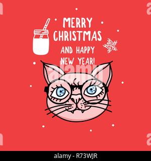 Vettore di carattere Gatto con gli occhiali. Auguri di Buon Natale. Scheda con graziosi animali isolati di testa sul rosso. Holiday disegnati a mano design Illustrazione Vettoriale