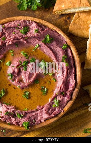 In casa viola hummus con olio di oliva e Pita Chips Foto Stock