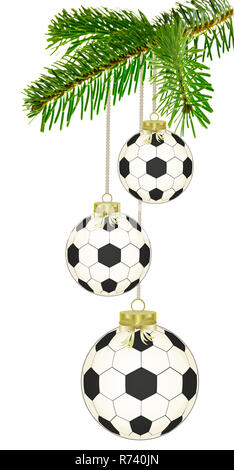 Soccer palla di Natale appeso sul ramo di abete ,scheda di natale Foto Stock