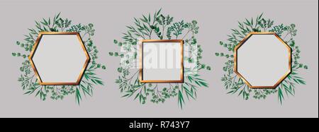 Set di geometria cornici dorate e foglie Illustrazione Vettoriale