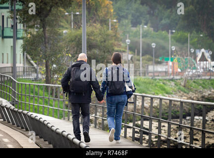 Un uomo calvo e una donna con una coda di cavallo a piedi lungo una passerella vicino al fiume, con le mani tenute insieme. Vista posteriore. Foto Stock