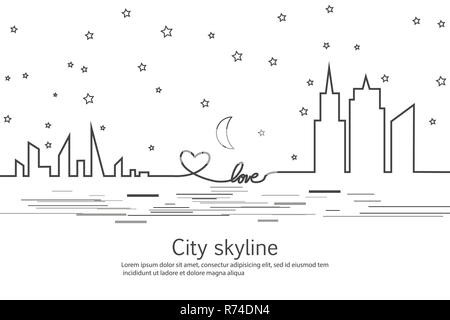 La silhouette della città e la stella e la luna e di amore e di cuore in uno stile piatto. Moderno paesaggio urbano. Illustrazioni vettoriali. Città grattacieli Ufficio edilizia orizzonte.rappresentazione in linea continua. Linea del vettore. Figure geometriche con l'effetto di movimento Foto Stock