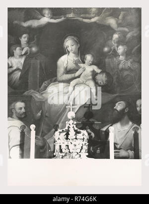 Umbria Terni Amelia cattedrale, questa è la mia Italia, il paese italiano di storia visiva, lapidi medioevali, fonte battesimale. Post-medievale originale chiesa romanica completamente rimodellato 1640. Architettura, scultura architettonica, viste degli interni tra cui altare e organo, fonte battesimale, tombe, pavimentazione da Sangallo, dipinti, affreschi. Ampia copertura di esterno, navate interne e degli altari, tombe, cappella sepolcrale e dipinti. Foto Stock