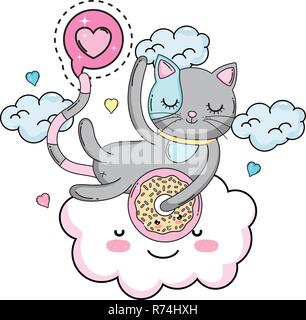 Cute cat con ciambella in cloud Illustrazione Vettoriale