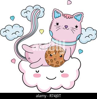 Cute cat con cookie nel cloud Illustrazione Vettoriale