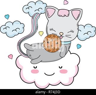 Cute cat con cookie nel cloud Illustrazione Vettoriale