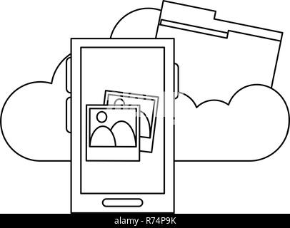 Smartphone con le foto sul cloud computing in bianco e nero Illustrazione Vettoriale