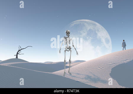 Surreale deserto bianco con albero secco, grande luna all'orizzonte. Uomo in abito bianco e bowler sorge su una duna di sabbia. Lo scheletro simboleggia la morte. Foto Stock