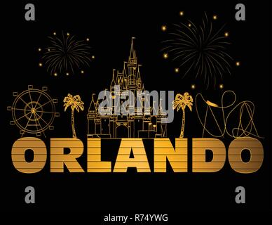 Orlando scritte Oro su nero backround . Vettore con icone di viaggio e fuochi d'artificio. Cartolina di viaggio. Illustrazione Vettoriale