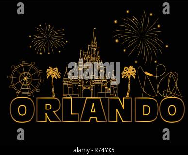 Orlando scritte Oro su nero backround . Vettore con icone di viaggio e fuochi d'artificio. Cartolina di viaggio. Illustrazione Vettoriale