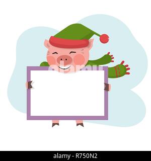 Maiale tenere la scheda con copia,spazio vuoto vuoto,banner in cappello verde e sciarpa isolato su uno sfondo bianco.simpatici animali di allevamento suino personaggio dei fumetti Sym Illustrazione Vettoriale