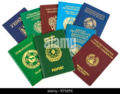 Diversi i passaporti stranieri per viaggi e turismo isolati su sfondo bianco Foto Stock