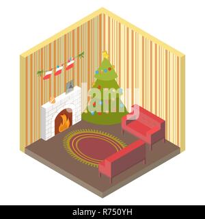 Isometrica in camera con albero di Natale,camino, Babbo Natale calza per dolci,e doni, top view.Decorazione della Casa per le vacanze Buon Natale o Capodanno s Illustrazione Vettoriale