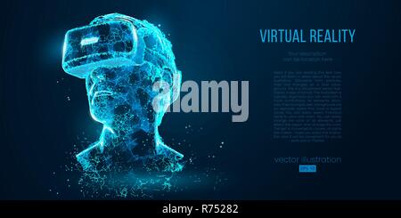 Auricolare VR proiezione olografica occhiali per realtà virtuale, casco. Bassa poli filo contorno geometrico illustrazione vettoriale. Particelle, linee e triangoli su sfondo blu. Luce al neon. Illustrazione Vettoriale