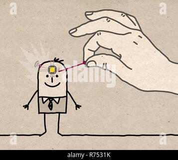 Grossa mano mettendo un microchip in un cartone animato uomo di testa - illustrazione sulla trama della carta marrone Foto Stock