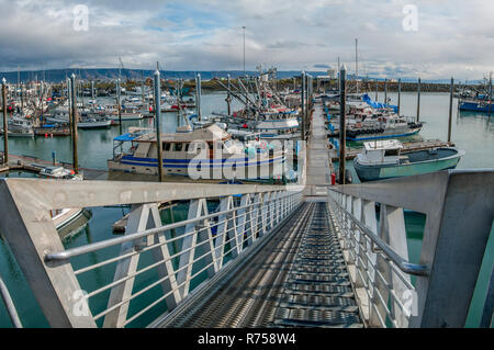 Alaska Marina Ingresso: una ripida rampa conduce alle banchine galleggianti che ospitano i grandi spostamenti di marea a Omero, Alaska. Foto Stock