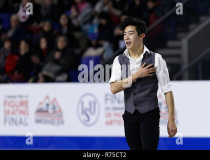 Vancouver, British Columbia, Canada. 6 dicembre, 2018. NATHAN CHEN di Stati Uniti d'America compete in uomini breve programma presso il Senior ISU Grand Prix di Pattinaggio di Figura finale del dicembre 6, 2018 a Vancouver, British Columbia, Canada. Credito: Andrew mento/ZUMA filo/Alamy Live News Foto Stock