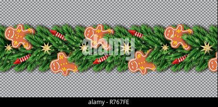Confine con Gingerbread Man, albero di Natale rami, stelle dorate e razzi rossi su sfondo trasparente. Illustrazione Vettoriale. Rametto di abete confine. Illustrazione Vettoriale