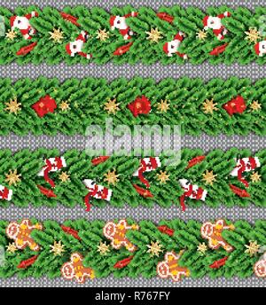 Set di confine con Santa Claus, Gingerbread Man, albero di Natale rami, Golden Stars, razzi rossi, pupazzo di neve e fiocco rosso su sfondo trasparente. Illustrazione Vettoriale