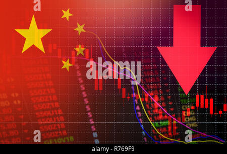 Mercato Cina crisi stock prezzo rosso verso il basso la freccia di caduta del grafico / stock exchange analisi del mercato forex grafico di finanza aziendale crisi di denaro perdendo dow in movimento Foto Stock