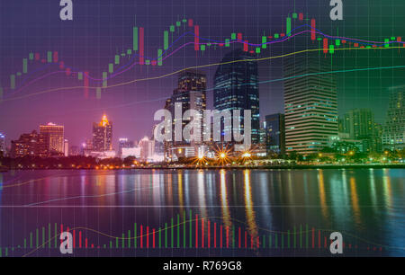 Doppia esposizione con i grafici di businesss e grafico finanziario / Stock Forex grafico dati statistici grafico a barra del volume di mercato di negoziazione in busines city building Foto Stock