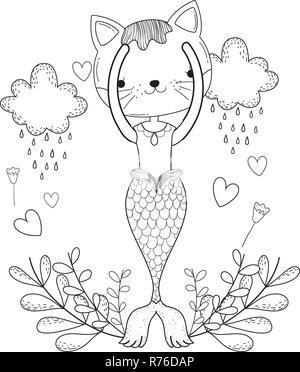 Purrmaid con le nuvole e la decorazione floreale Illustrazione Vettoriale