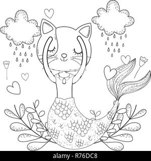 Purrmaid con le nuvole e la decorazione floreale Illustrazione Vettoriale